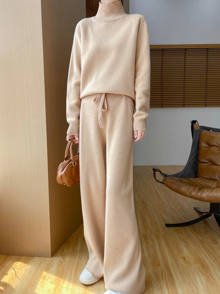 Two Piece Set 100% Wool Gray Series Elements Women's winter Loose Casual Knitted High Collar Sweater Wide Leg Pants Fashion Suit