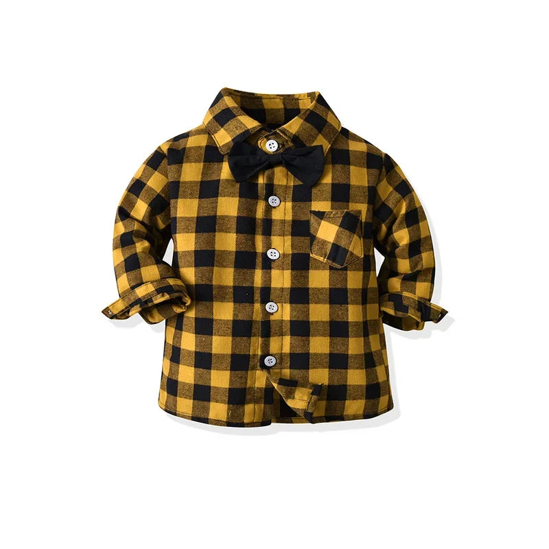 2025 Kids Boy Toddler Boys Plaid Gentleman Shirts Tops Long Sleeve Bowtie Lapel Blouse Children Costume Autumn Winter