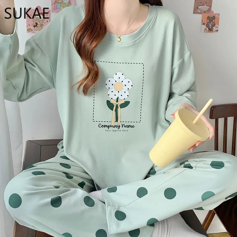 SUKAE Pink Puppy Printing Women Sleepwear Korean New Pajamas Set O-neck Long Sleeve Pijamas Autumn Spring Faux Cotton Nightwear