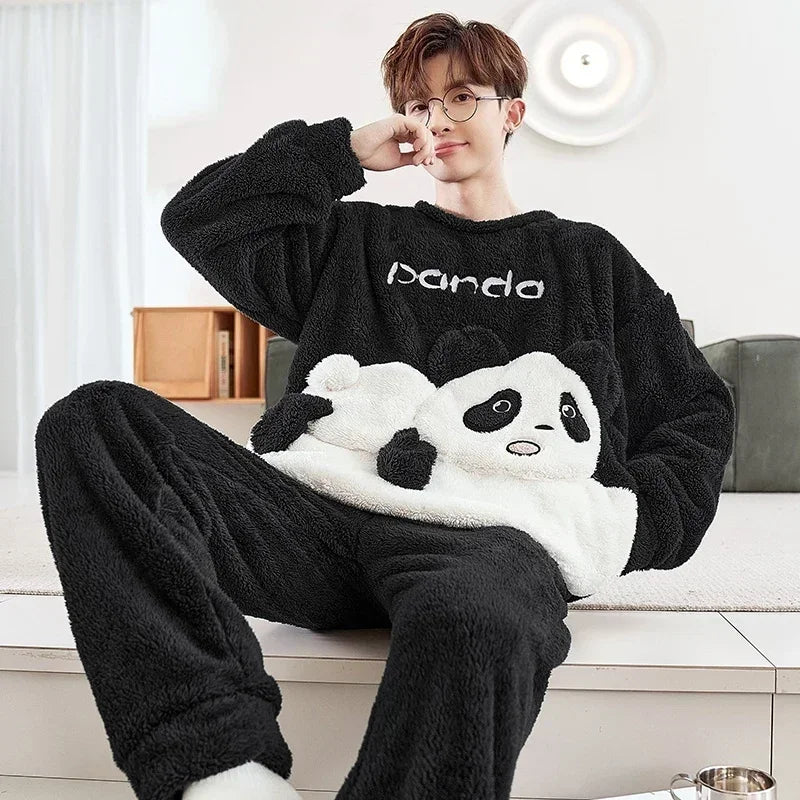 2025 New Winter Plus Size Long Sleeve Thick Warm Flannel Pajama Sets For Men Cute Cartoon Sleepwear Pyjama Homewear Home Clothes