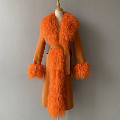 Women Mongolian Sheep Fur Coat Long Style Cashmere Jacket With Real Fur Trim Lady Autumn Winter Fashion Warm Outerwear