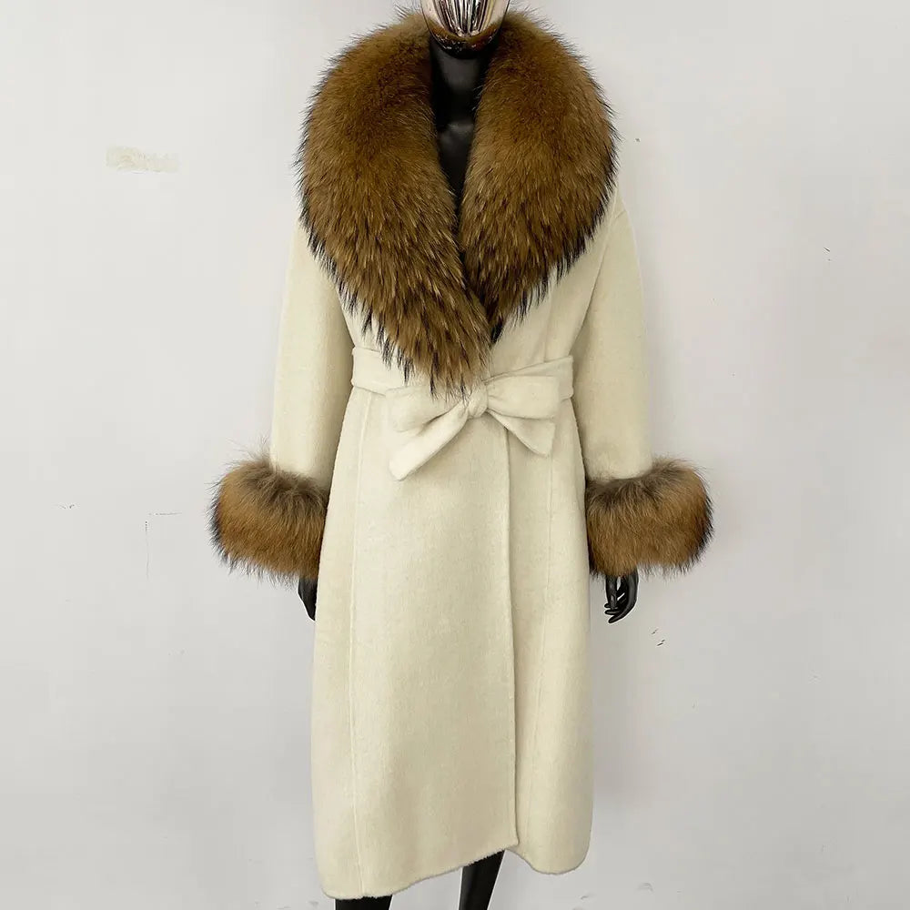 Wool Coat Women New Autumn Winter Real Fox Fur Jacket Female Long Warm Natural Fox Fur Collar Fur Cuffs