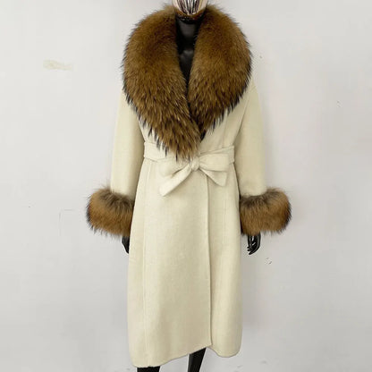 Wool Coat Women New Autumn Winter Real Fox Fur Jacket Female Long Warm Natural Fox Fur Collar Fur Cuffs