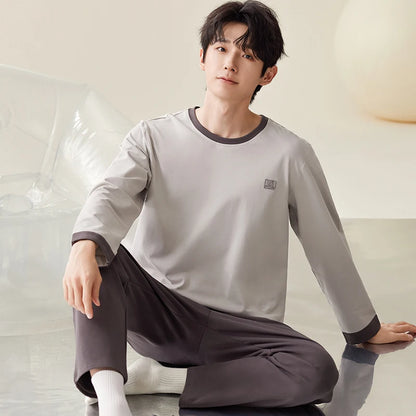 Men Pajamas Solid Color Casual Long Sleeves Long Pants Autumn Winter Simple Sleepwear Cozy Pijamas Soft Pyjamas Boys Nighty Male