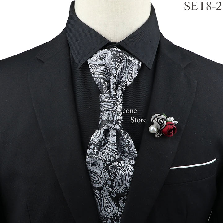 New Men's Premium Paisley Tie Brooch Set Red Black Blue Ajustable Neck Tie Luxury Classic Suit Tuxedo Groom Wedding Accessories