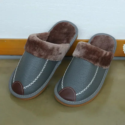 Men Winter Leather Slippers Bedroom Cotton Slippers Male Waterproof Thick Plus Velvet Indoor Warm House Home Slippers Shoes