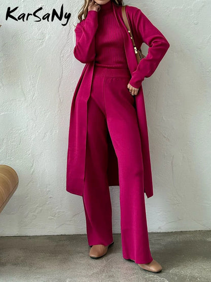 Autumn Knit Pants 3 Pieces Set Outfits Women Knitted Suit Set Elegant Office Long Cardigan Suit Vest And Pants Sets For Women