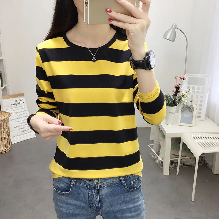 Autumn Loose Pure Cotton Long Sleeve T-shirt Women Clothing Middle-aged Mom Base Shirt Striped Top