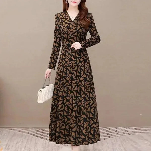 Women's V-neck New Autumn and Winter Printing Patchwork Pockets Long Sleeved Zipper Slimming Loose Slim Pullover Dress