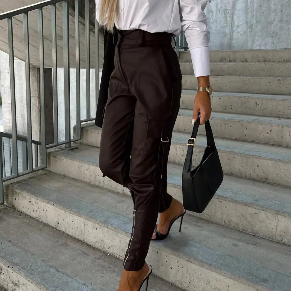 Women's Leather Pants Multi Pockets Women PU Leather Pants High Waist Skinny Push Up Leggings Pencil Pants Long Trousers