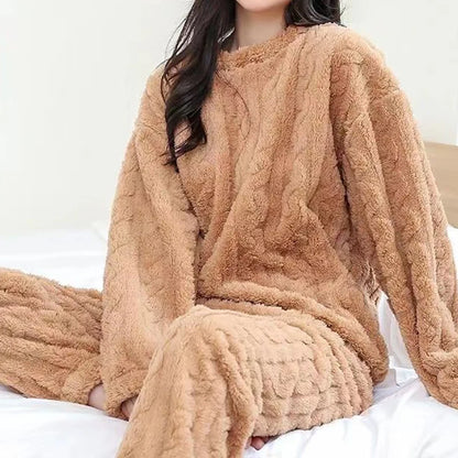 Autumn Solid Warm 2 Piece Sets Thicken Velvet Ribbed Fleece Set Pullover And Pants Women Casual Pajama Sets