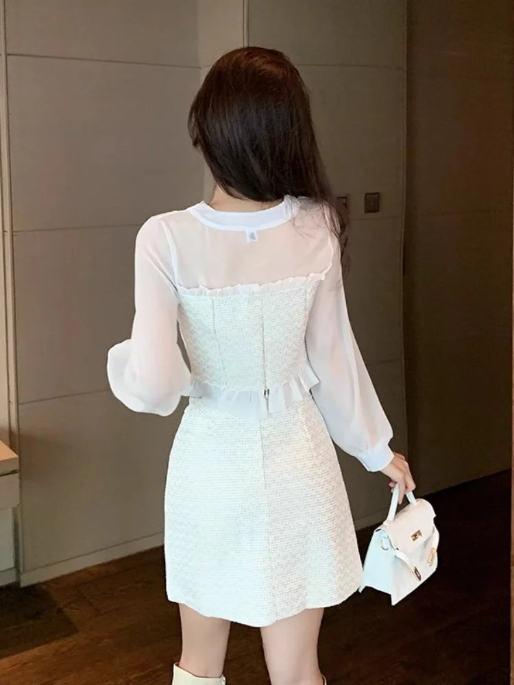 Elegant Commuter Suit Autumn New French Lace-Up Bow Chiffon Ruffle Edge Splicing Shirt+High Waist A-Line Skirt 2-Piece Set Women