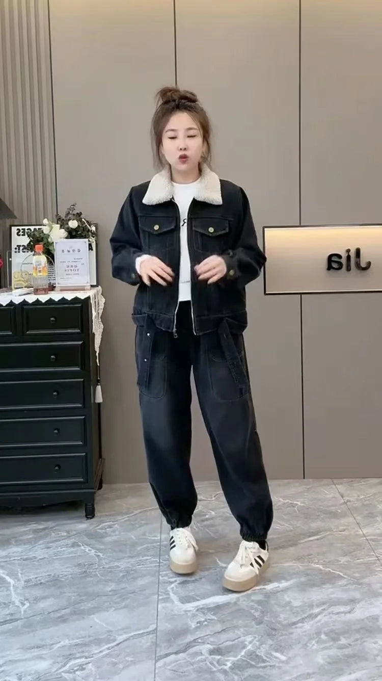 Denim Suit Women Clothes 2025 Autumn and Winter New Cashmere Thickening Loose Large Size Fashion Slimming Two-piece Set Tide