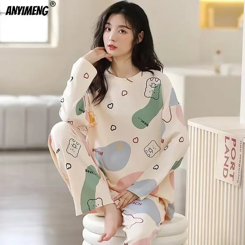 M-5XL Big Size Autumn Spring Pajamas Set for Women Kawaii Printing Sleepwear for Girl Fashion Long Sleeve O-neck Woman's Pijamas