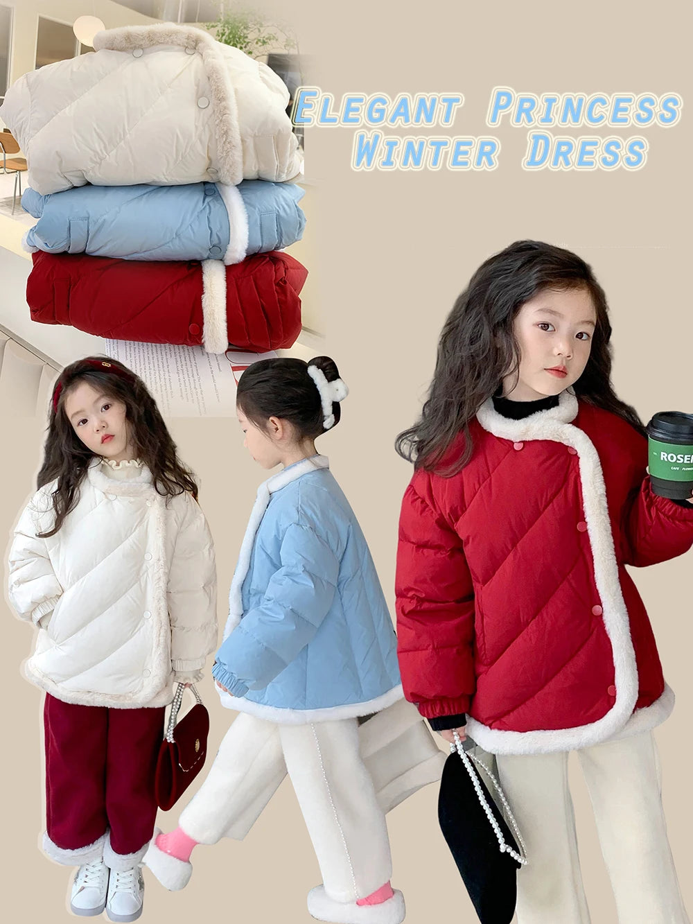 Girls Winter Coats Castle Princess Coat Cotton Padded Jacket From Toddler To Little Kid Elegant Rabbit Fur Collar Warm Outwear