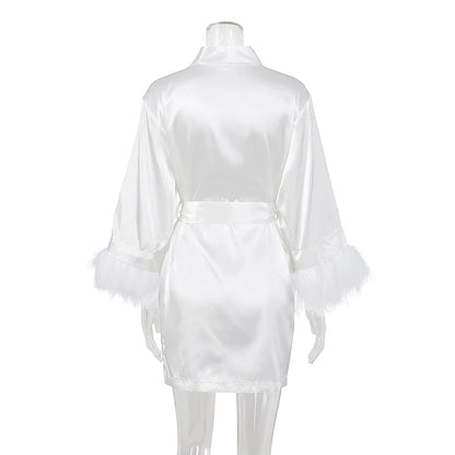 White Feather Robe With Fur Full Sleeves Sleepwear Satin Robes For Women Nightgown Bride Robe Gown Dress Bathrobe Female