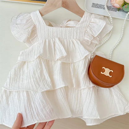 Kids Girl Summer Fly Sleeve Tops 2025 Korean Fashion Solid Color Square Collar Princess Shirts For 1-7Years