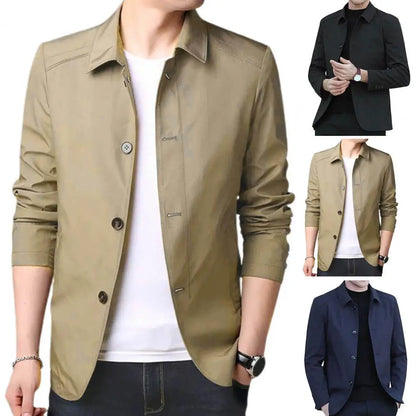 Warm Men Jacket Elegant Men's Mid Length Business Jacket with Turn-down Collar Single-breasted Design for Fall Spring Seasons