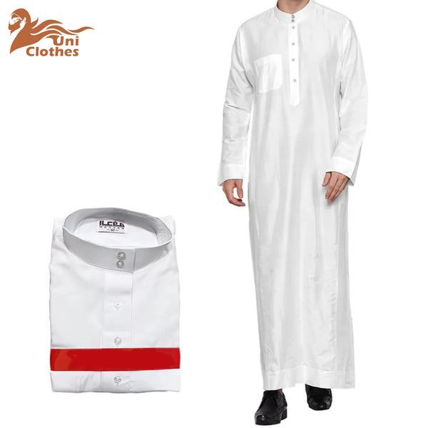 UNI 2025 New Summer Men Thobe Kaftan Muslim Men Short Sleeve Printed Loose Breathable Casual Robe Islamic Abaya Muslim Clothes