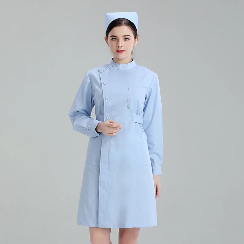 Medical Uniforms Dress Robe White Women Nursing Scrubs Jacket Full Length SPA Beautician Veterinary Work Wear Uniform Doctor