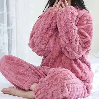 Autumn Solid Warm 2 Piece Sets Thicken Velvet Ribbed Fleece Set Pullover And Pants Women Casual Pajama Sets