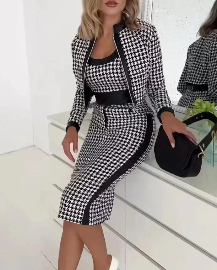 3 Two Piece Set For Women Autumn Winter Spaghetti Top And Skirt Sets Elegant Office Houndstooth Print Dress With Coat Suit