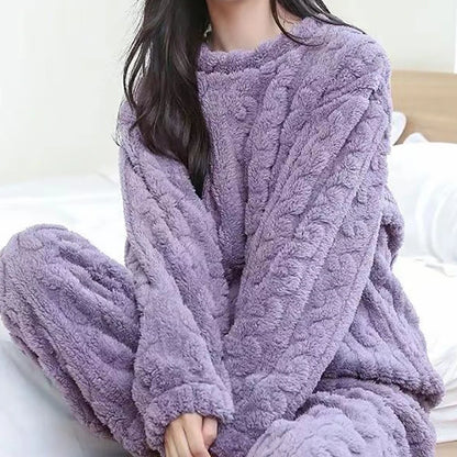 Autumn Solid Warm 2 Piece Sets Thicken Velvet Ribbed Fleece Set Pullover And Pants Women Casual Pajama Sets