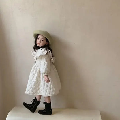 Korean Girls' Dress Winter New Fashionable Plush Thickened Large Lapel Cotton Skirt Children's Little Girl Princess Dress