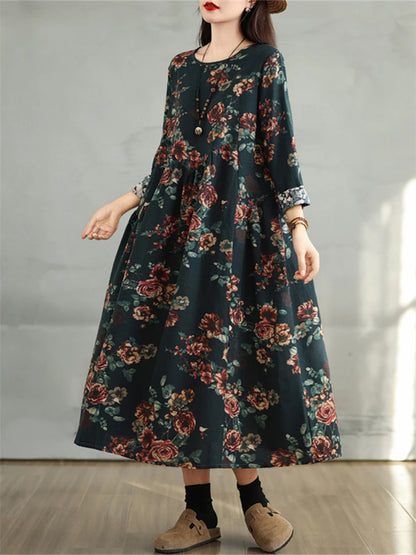 Cotton Vintage Print Floral Dresses 2024 Women Casual Loose Long Sleeve Dress Femme Robe Vestidos Elegant Spring Autumn Clothing