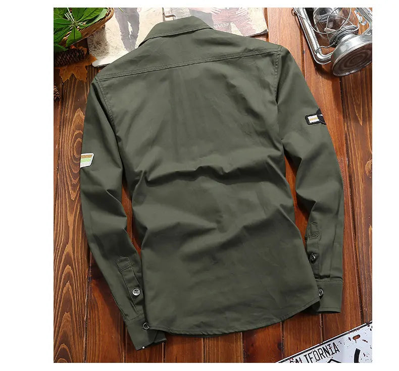 Men's Military Casual Shirt Cotton Khaki Retro Slim Fit Pocket Long Sleeve Streetwear