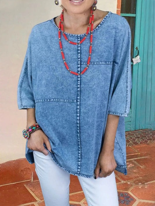 Women's Plus Size Denim Shirts Spring Fashion Half Sleeve Spliced Elegant Shirt Blouse Woven Cotton Shirt Chemise Blusas Tops