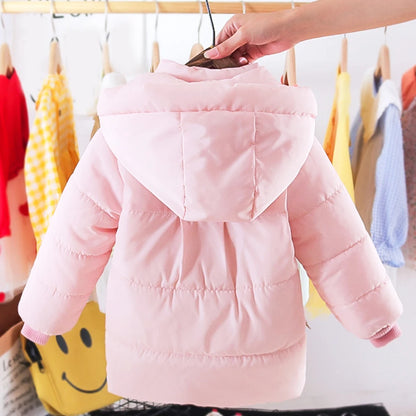 Children's Down Jacket Cotton Padded Puffer Coat Girls Winter Snow Wear Warm Hooded Toddler Quilted Coat Outerwear with Scarf