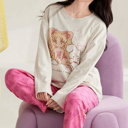 SUKAE Pink Puppy Printing Women Sleepwear Korean New Pajamas Set O-neck Long Sleeve Pijamas Autumn Spring Faux Cotton Nightwear