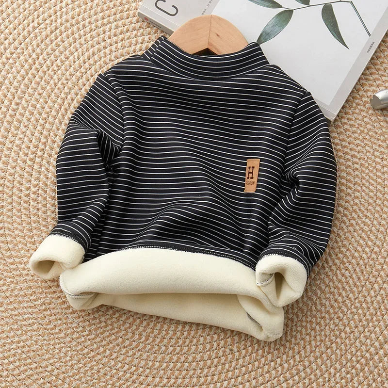 2-10Y Winter Kid's Undershirts Cute Childrens Stripe Bottoming Shirt Warm Boys Fur Lining Top Girls Half High Collar Blouse