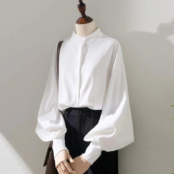 Woman Spring Autumn Style Blouses Shirt Lady Long Lantern Sleeve Stand Collar Loose Blusas Tops