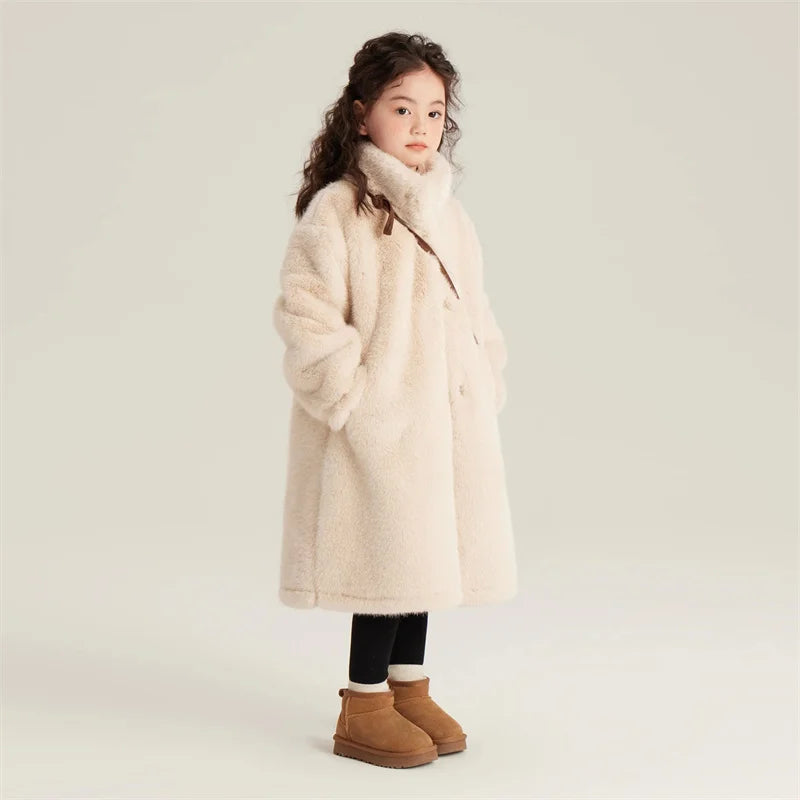 Girls Winter Fur Coats 2025 New Children Thicken Warm Outerwear Kids Fashion Casual Long Jackets Teenager Turtleneck Clothing