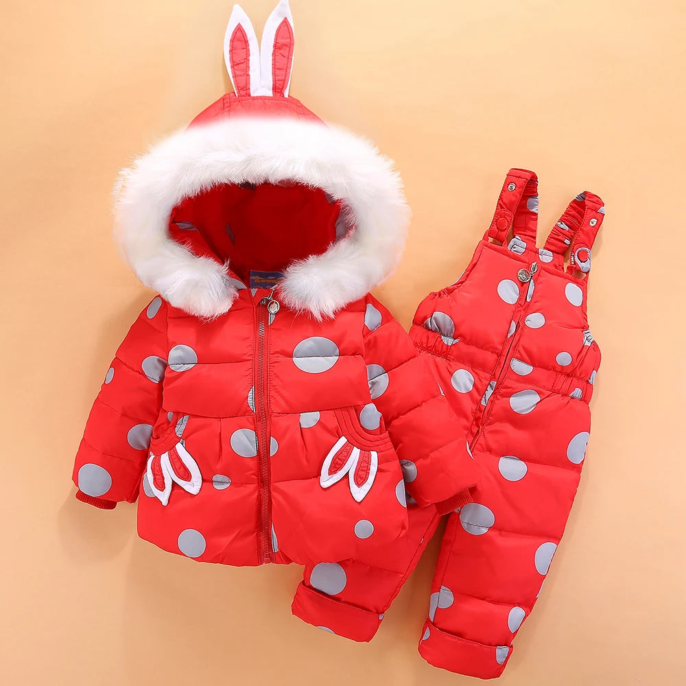 OLEKID 2024 Baby Girls Winter Down Snowsuit Cartoon Rabbit Jacket Coat Overalls Infant Girls Clothes Set 1-4 Years Toddler Suit