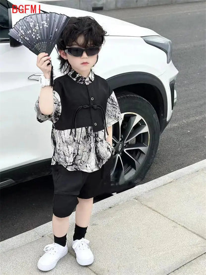 Boys New Chinese Style Short Sleeved Set Summer Thin Chiffon 2025 Kid Standing Collar Ink Painting Shirt+ Black Shorts 2pcs Set