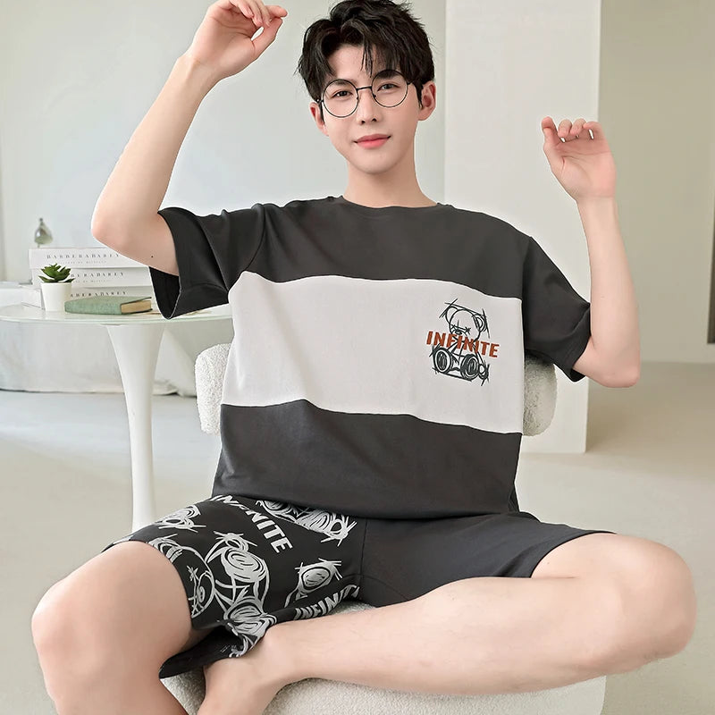 2025 Summer Men’s Sleepwear Cotton Cartoon Pajamas Sets For Man Short Loungewear Young Home Wear Fasion Student Pyjama Set Homme