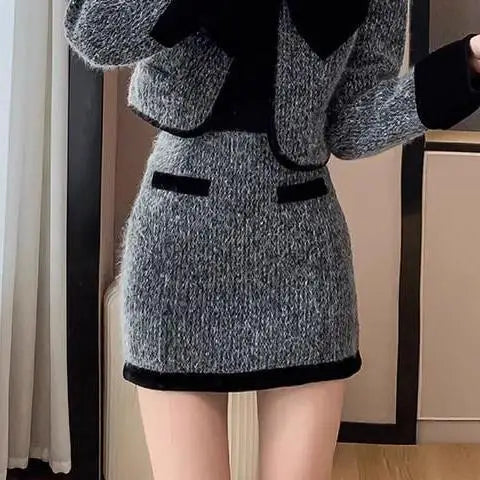 Women's Autumn/winter French Elegant Tweed Suit Skirt Set, Retro Solid Contrasting Woolen Suit Collar Jacket Skirt Two-piece Set