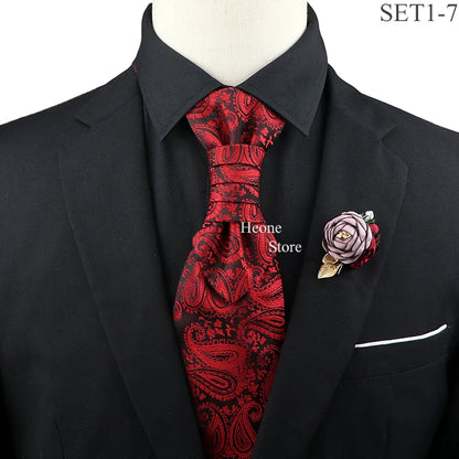 New Men's Premium Paisley Tie Brooch Set Red Black Blue Ajustable Neck Tie Luxury Classic Suit Tuxedo Groom Wedding Accessories