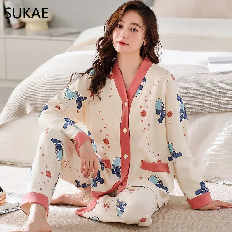 SUKAE New M-5XL Autumn Winter New Cotton Women Pajamas Lady Loungewear Kimono Cardigan Long Sleeves V-neck Homesuit