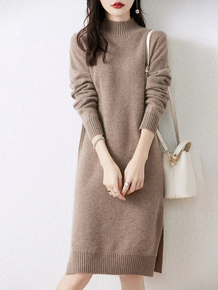 Women's Sweater Dress 100% Merino Wool Knitwear Mock Neck Pullover Cashmere Split Solid Soft Basic Autumn Winter