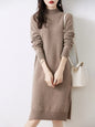 Women's Sweater Dress 100% Merino Wool Knitwear Mock Neck Pullover Cashmere Split Solid Soft Basic Autumn Winter