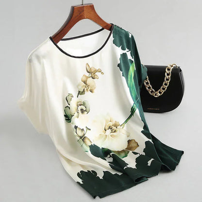 Plus Size Women Silk Satin Blouses Spring Summer Floral Printing Blouse Female Fashion Shirt Tops