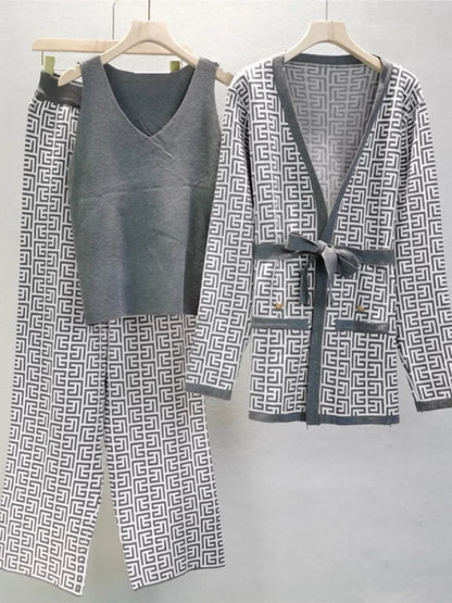 Winter Women Knitted 3 Pieces Set Muslim Casual Thicken Jacket Sweater Coat +Knitted Top +pant 3PCS Suit Warm Set