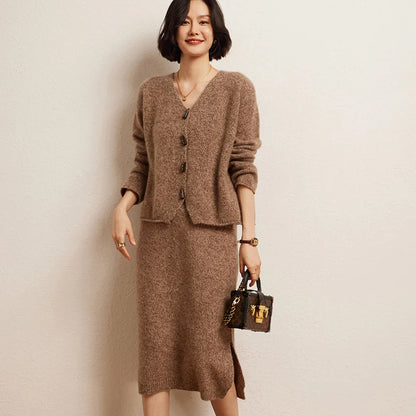 High-end Women's Set Suit 100% Goat Cashmere Knitted Cardigan Sweater and Skirt Two-Piece Spring Autumn Winter New Chic Clothing