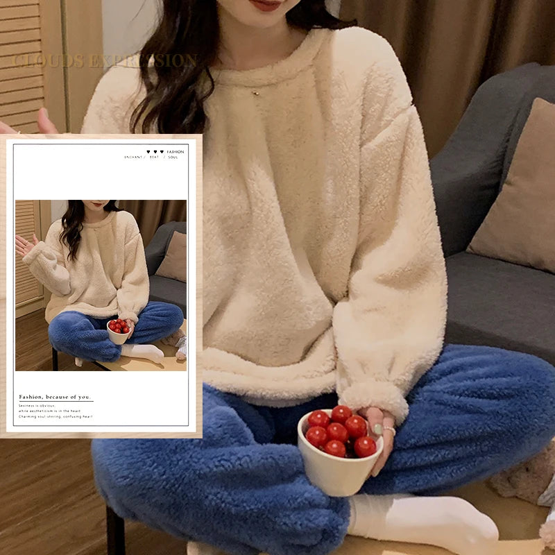 Winter Thermal Fleece Solid Women's Pajama Sets Pyjamas Warm Plush Pjs Loung Sleepwear Girls Pijama Mujer Night Suits Homewear