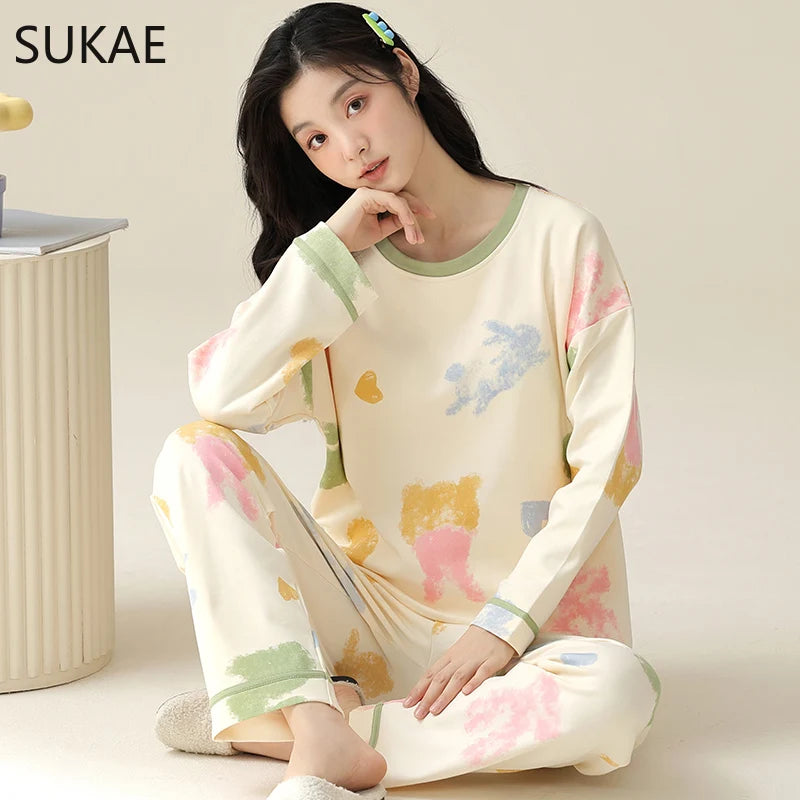 SUKAE M-5XL Big Size Women Pajama Set Autumn Winter New Cotton Long Sleeves Woman Sleepwear Casual Girl Pijama Cartoon Nightwear