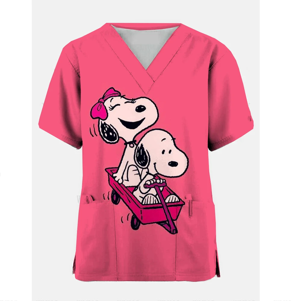 Medical Blouse Clinic Hospital Workwear Healthcare Nurse Snoopy print Uniform Carer Working Short Sleeve Tops Women T-shirt Nurs